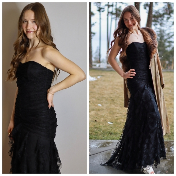 Jessica McClintock 2 Vintage Lace Overlay Mermaid Dress Strapless in Black - Picture 3 of 12